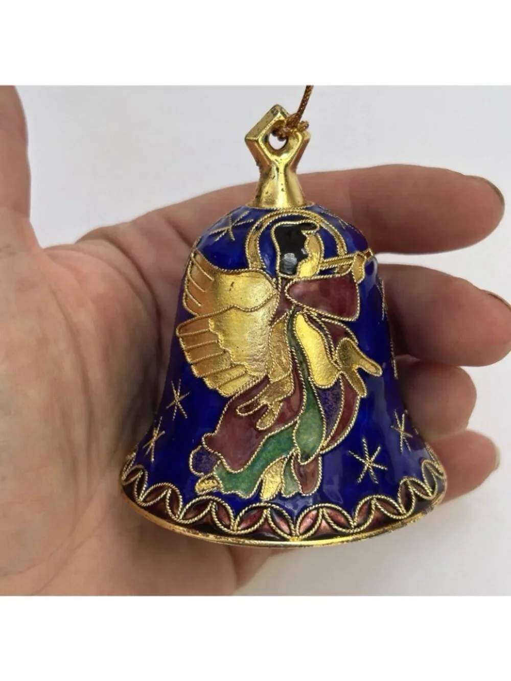 Vintage Enamel Cloisonne Bell Ornament Angel Blue Goldtone Collectible Christmas